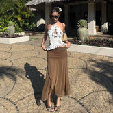 LIZAKOSHT  -  Fashion Elegant 2-Piece Set Women Cross Halter Hollow Ruffles Irregular Hem Vests+Folds Mesh Long Skirt Vacation Matching Suits